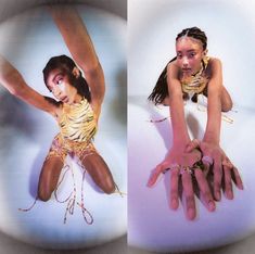 two pictures of a woman in gold and white with her hands on the ground, one showing