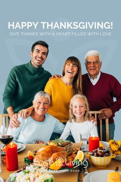 an image of a family celebrating thanksgiving with the text happy thanksgiving give thanks with a heart filled with love