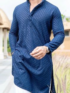 Best Kurta Pajama Design For Men, Kurtas For Men Style Indian Casual, Kurta For Man Design, Men Kurta Designs Style Mirror Work, Chicken Work Kurta Designs Men, Traditional Mens Outfit, Chikankari Suits Men, Party Kurta For Men, Lakhnawi Kurta For Men