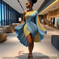 a woman in a blue and yellow crochet dress is walking through a clothing store