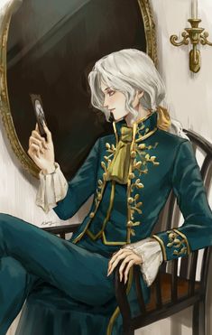 an anime character sitting in a chair holding a cell phone and looking at his reflection