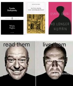 three different books with faces and words on them, one has an image of a man's face