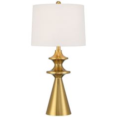 a gold metal table lamp with a white shade on the top and bottom part of it