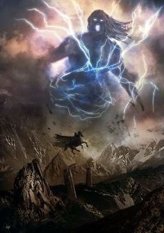 a digital painting of a man in the middle of a storm with lightning above him