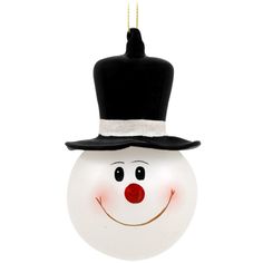 a glass snowman ornament with a top hat on it's head