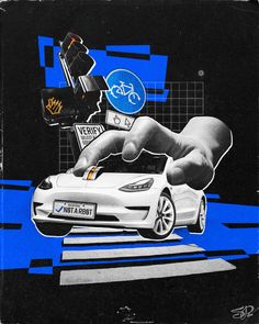 a drawing of a hand reaching for a white sports car with blue and black background