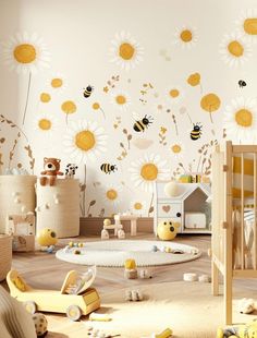 a baby's room with yellow and white flowers on the wall