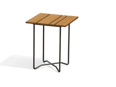 a small wooden table with metal legs and a square top on an isolated white background