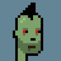 a pixel art style image of a green man with red eyes