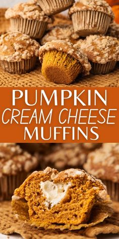 pumpkin cream cheese muffins are stacked on top of each other