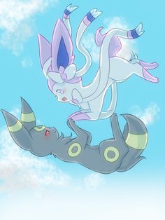 two cartoon characters flying through the air with clouds in the sky behind them, one holding onto another character's head