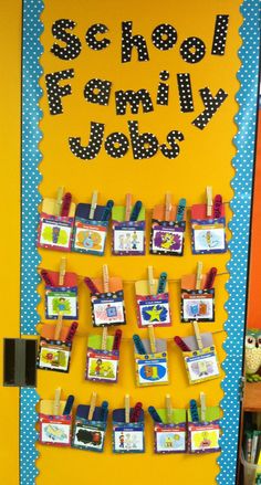 a bulletin board with school family jobs pinned to it's sides and magnets on the front