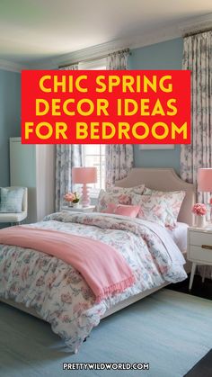 a bedroom with blue walls and pink bedding