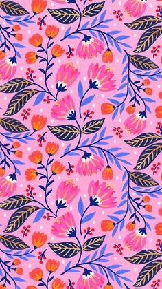 a pink background with colorful flowers and leaves