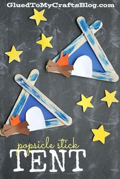 two pieces of paper with the words popsicle stick tent on them and stars in the background