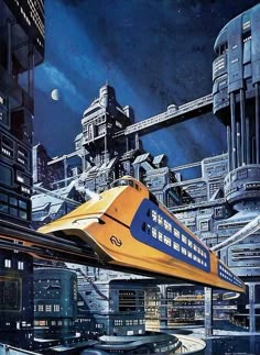 a yellow and blue train traveling through a city under a moon filled sky at night