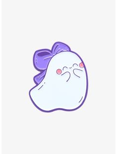 a purple and white sticker with a cat on it's head in the shape of a ghost