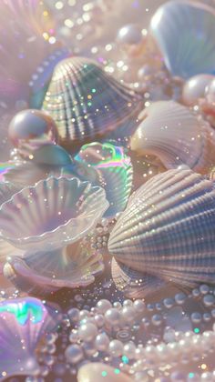 many seashells and pearls are scattered on the sand in this artistic photograph,