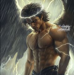 a man standing in the rain with an angel on his shoulder and lightning behind him