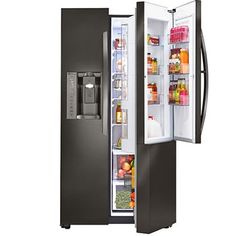 a black refrigerator with its door open and the freezer doors wide open to reveal what's inside