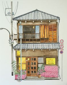 a watercolor drawing of a coffee shop on a street corner with a traffic light in the foreground