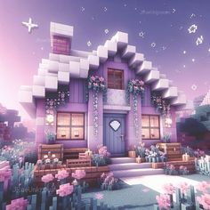 a purple house with lots of flowers on it