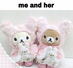 two teddy bears dressed in pink and white are sitting next to each other with the caption me and her