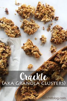 homemade granola clusters on a wooden spoon with text overlay that reads crackle kaka granola clusters