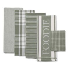 four napkins with the word food printed on them, all in grey and white