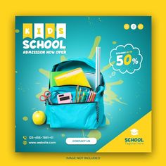 the back to school flyer is shown with an image of backpacks and books in it