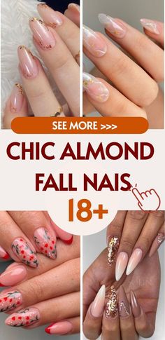 Almond Nail Patterns, Classy Fall Almond Nails, Almond Shape Nails With Gems, Almond Shape Autumn Nails, Simple Almond Shaped Nails Designs, Fall Nails For Almond Shape, September Nails Almond Shape, Fall 2024 Almond Nails, Almond Acrylic Nails Fall Colors