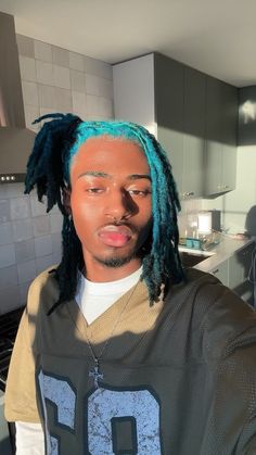 Dreads Hair Color Ideas, Blue Roots Black Hair Locs, Black And Blue Dreads, Colored Dreads Men Dreadlocks, Loc Color Combos, Blue Dreads Men, Blue And Blonde Locs, Blue Locs Men, Dyed Roots On Locs