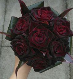 a bouquet of red roses is being held by someone's hand on the sidewalk