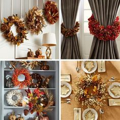 four different pictures of fall decorations and decorating items in various styles, colors and sizes