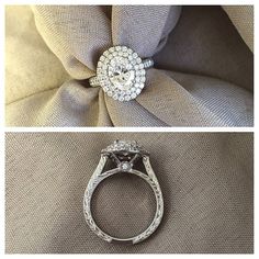 two different views of an engagement ring with diamonds on the side and in between them