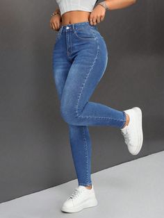 Casual Slim Fit Skinny Jeans, Water Washed Medium Wash Casual   Denim  Skinny High Stretch  Women Clothing, size features are:Bust: ,Length: ,Sleeve Length: Casual Denim Jeans, Stylish Clothes, Jeans Casual, Women Denim Jeans, Inspiration Mode, Casual Denim, Kids Sleepwear, Jeans Slim, Slim Fit Jeans