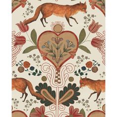 an animal themed wallpaper with flowers and leaves on it's side, including a fox