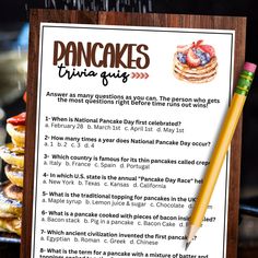 a pancake trivia quiz with a pencil next to it