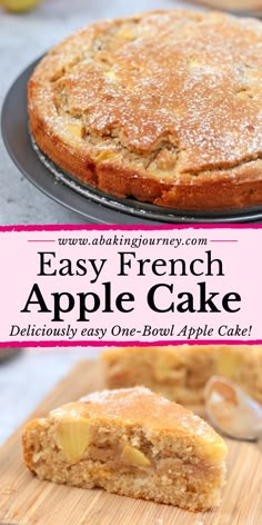 an easy french apple cake is cut in half and ready to be served on the table