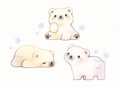 three polar bears sitting next to each other on a white background with snow flakes