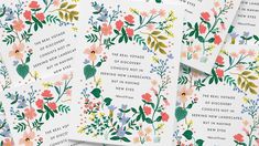 four cards with floral designs on them, all in different colors and sizes are shown