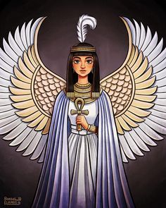 an egyptian angel holding a cross in her hands and wearing a white dress with gold accents