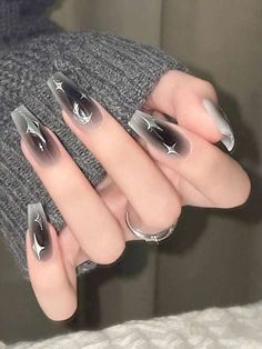 Free Returns ✓ Free Shipping✓. Upgrade Your Look With 24pcs Long Coffin Black Gradient Stars Pattern Fake Nail & 1sheet Tape & 1pc Nail File Press On Nails Nail Supplies- Press On False Nails at SHEIN. Black Prom Nails, Blue Prom Nails, Black Nail Design, Prom Nails Red, Edgy Nails, Nails Prom, Black Nail Designs, Dark Nails, Black Nail