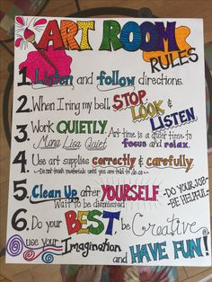 the art room rules are written on a poster