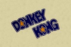 the donkey kong logo is shown in blue and gold colors on a beige background with stars