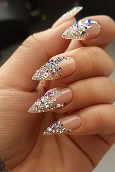 Sparkle and shine with 44 mesmerizing crystal nails designs! From delicate accents to full-on glamour, find the perfect look to make your nails dazzle and captivate Nail Art Designs Crystal, Nail Crystal Designs Simple, Crystals On Nails, Birthdays Nails Design, Nails Jewels Design, Crystal Looking Nails, Wedding Nails Crystals, Diamond Designs On Nails, Mail Crystal Designs