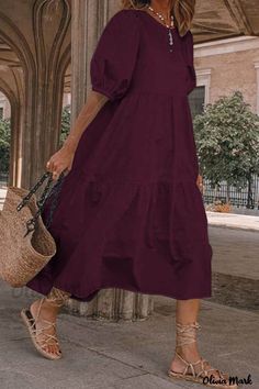 Color: Burgundy, Size: 2XL Bohemian Beach Dress, Vogue Vintage, Sundress Casual, Elegante Y Chic, Casual Sundress, Sundress Summer, Mid Calf Dresses, Summer Sundress, Shift Dresses