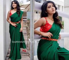 Belt Saree Style, Plane Saree, Belt Saree, Vani Bhojan, Saree With Belt, Blouse Designs High Neck, Gold Plates, Pattu Saree Blouse Designs