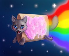 a cat that is sitting on a roll of doughnuts with a rainbow in the background