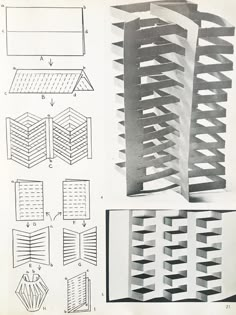 four different types of architectural drawings are shown in black and white, including the top part of a building